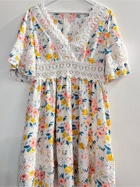 SHEIN White Midi Dress with Yellow & Pink Floral Print